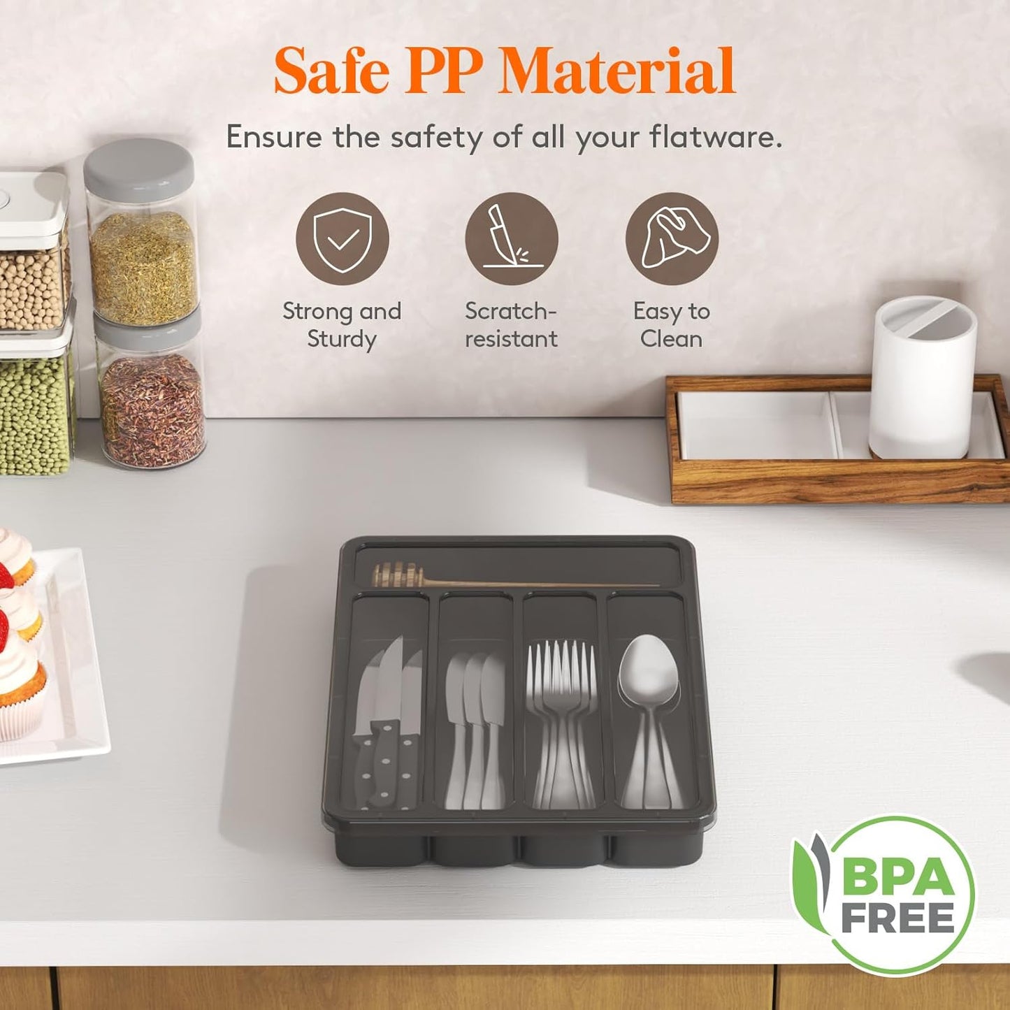 Lifewit Silverware Organizer with Lid, Covered Utensil Tray for Kitchen Drawer and Countertop, Plastic Cutlery and Flatware Storage Box for Spoons Forks Knives Holder Case, 12.6x11.8", Gray