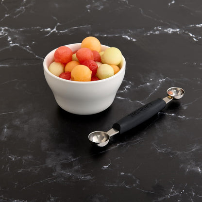Cat Cora Melon Baller, Professional 18/8 Stainless Steel Dual Blades 10/15-Millimeter for Melon Balls and Garnishes, Ergonomic Soft-Grip Handle
