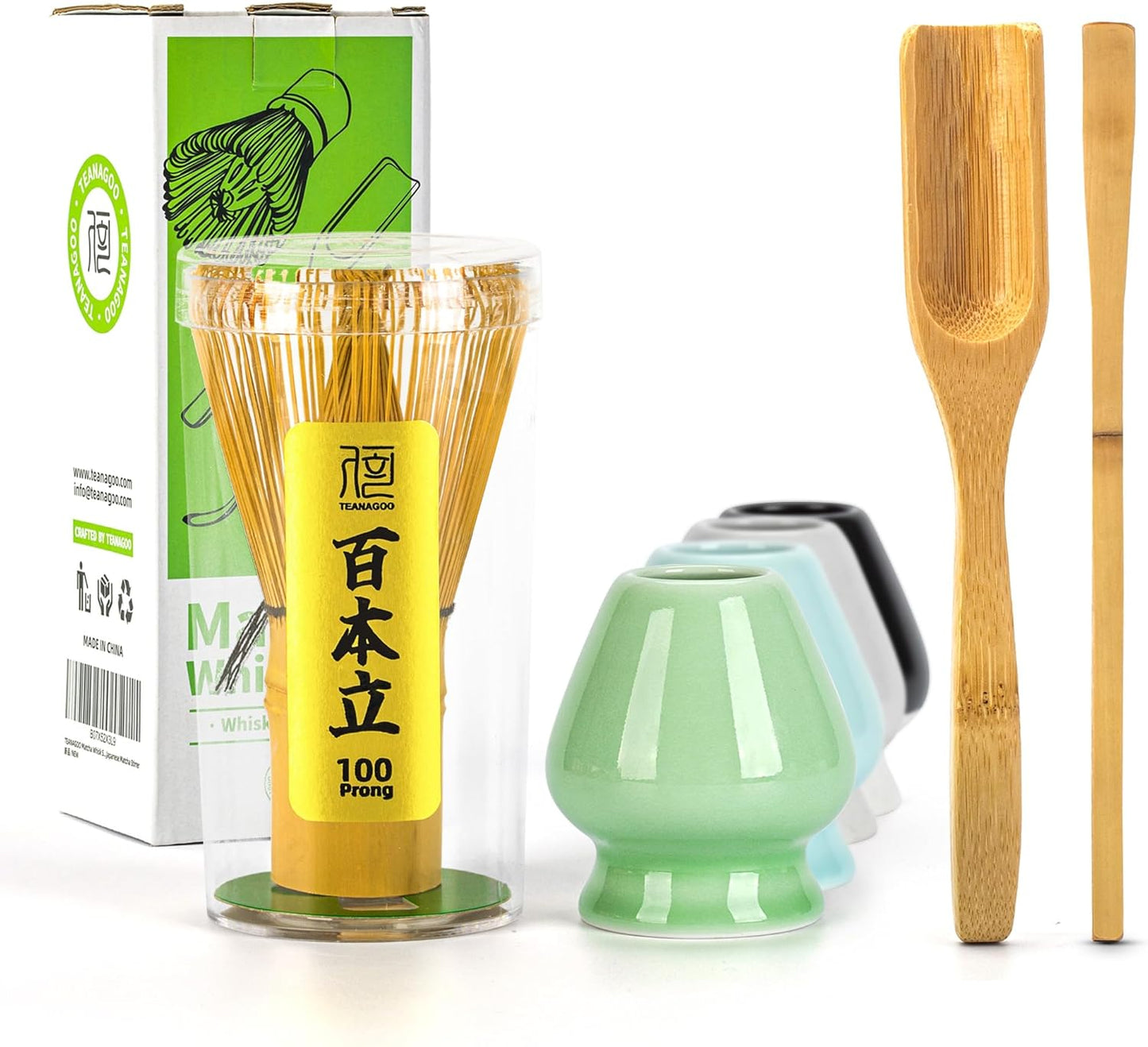 TEANAGOO Matcha Whisk Set,Bamboo Matcha Whisk (100 prongs) with Black Holder,6-PCS Traditional Starter Set,Scoop (Chashaku),Bamboo Chasen for Making Latte,Ceremony Accessory,Gife for Friend/Family