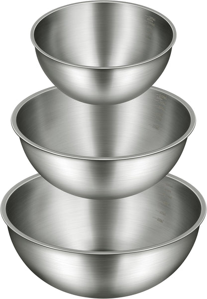 Gronivex Metal Mixing Bowls, 304 Stainless Steel, Set of 3 (1.5, 2.2 & 3.4 Qt) – Thicker-Gauge, Stackable Nesting & Space-Saving – Classic Everyday Bowls for Baking, Salad Prep & Cooking