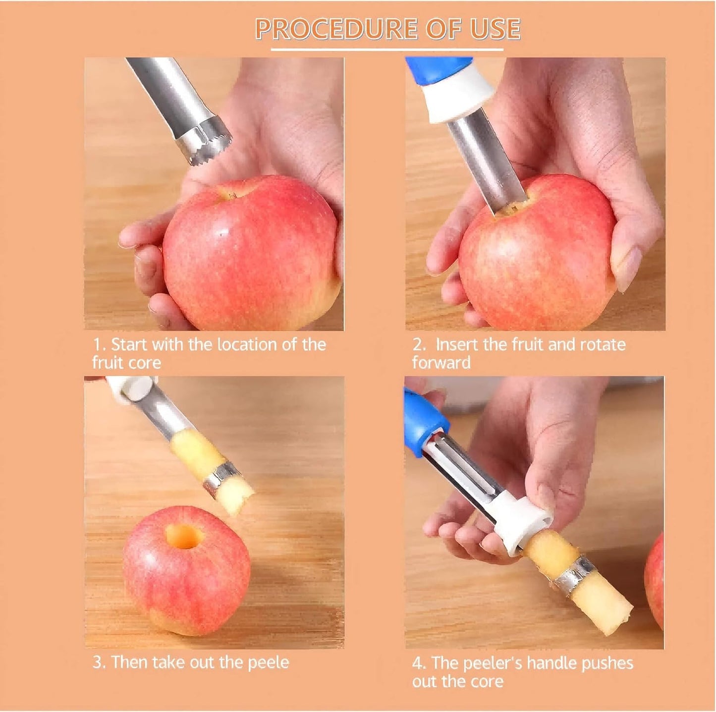 2-in-1 Retractable Fruit Corer and Peeler, Stainless Steel Vegetable Peeler and Core Remover Tool for Apples, Pears, Potato, Ergonomic Kitchen Gadget for Food Prep, Red, 8.86 x 1.3 in