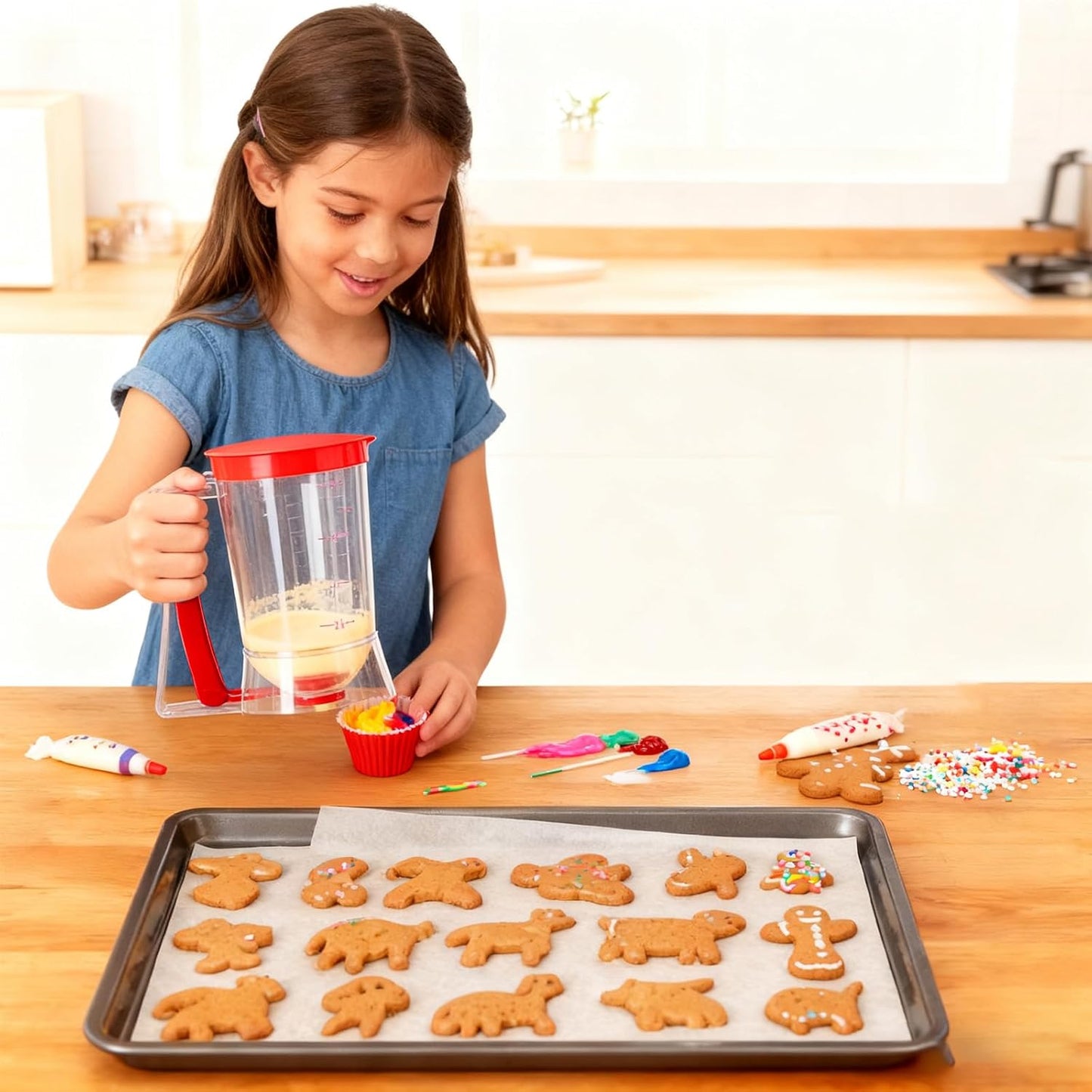 Pancake Batter Dispenser - Cookie Cupcake Cupcakes Waffle Waffles Separator Tool with Squeeze Handle, Easy Pour & Measuring Label for Griddle, Baking Supplies, Crepe & Cake Muffin Mix, Purple