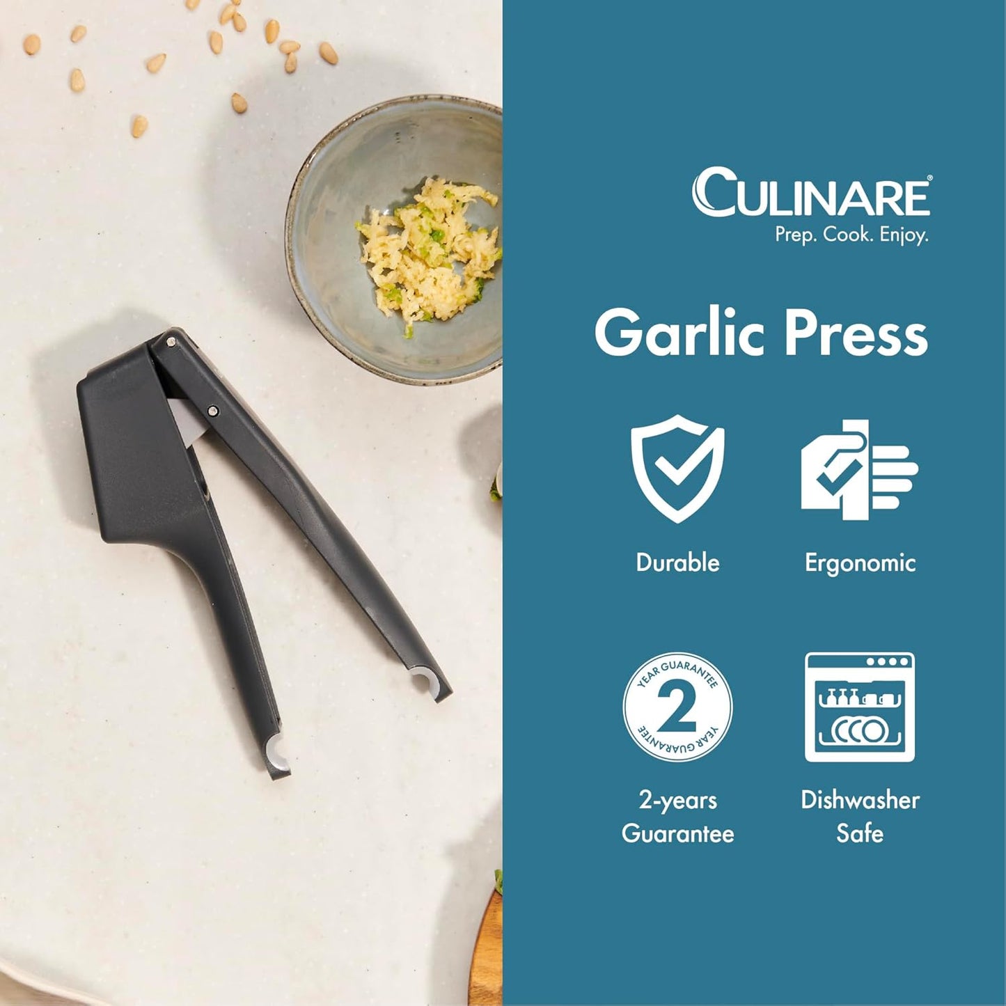 Culinare Garlic Press – Ergonomic Garlic Crusher with Large Chamber for Multiple Cloves – Easy to Use Ginger Mincer – Powerful Stainless Steel Crushing Action – Dishwasher Safe, 2-Year Guarantee