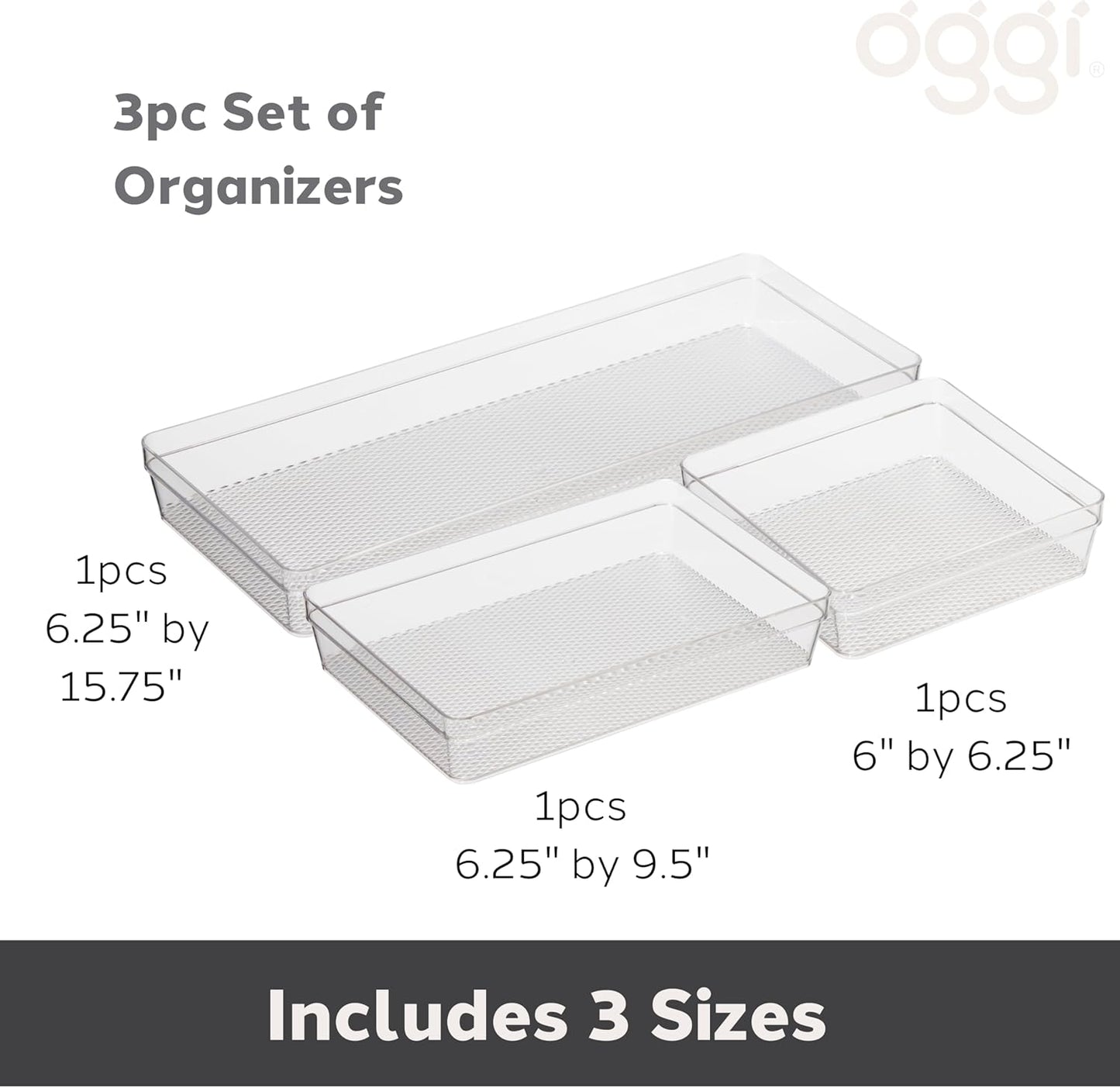 Oggi Clear Drawer Organizer - 3" X 12.5" - Ideal for Organizing Kitchen Drawers, Office, Desk, Silverware, Kitchen Utensils, Cosmetics and Bathrooms