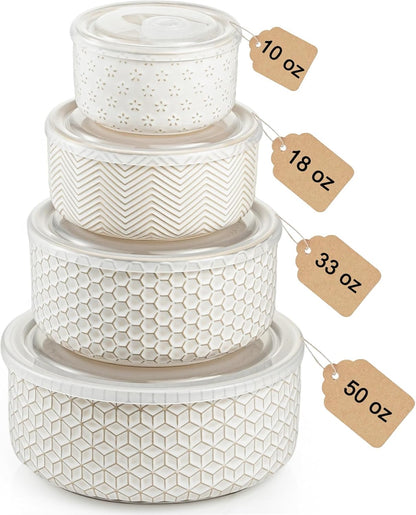 Mixing Bowls with Lids Set of 4, Ceramic Nesting Bowls, Embossed Mixing Bowl Set for Food Storage, Prep Bowl, Gift, Microwave and Dishwasher Safe, 10/18/33/50 OZ, Off-White