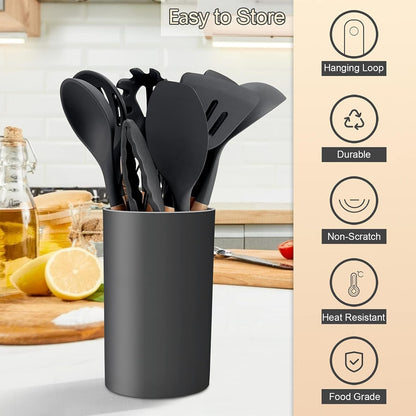 E-far Cooking Utensils Set of 6, Silicone Kitchen Utensils with Wooden Handle, Non-stick Cookware Friendly & Heat Resistant, Includes Spatula/Ladle/Slotted Turner/Serving Spoon/Spaghetti Server(Khaki)