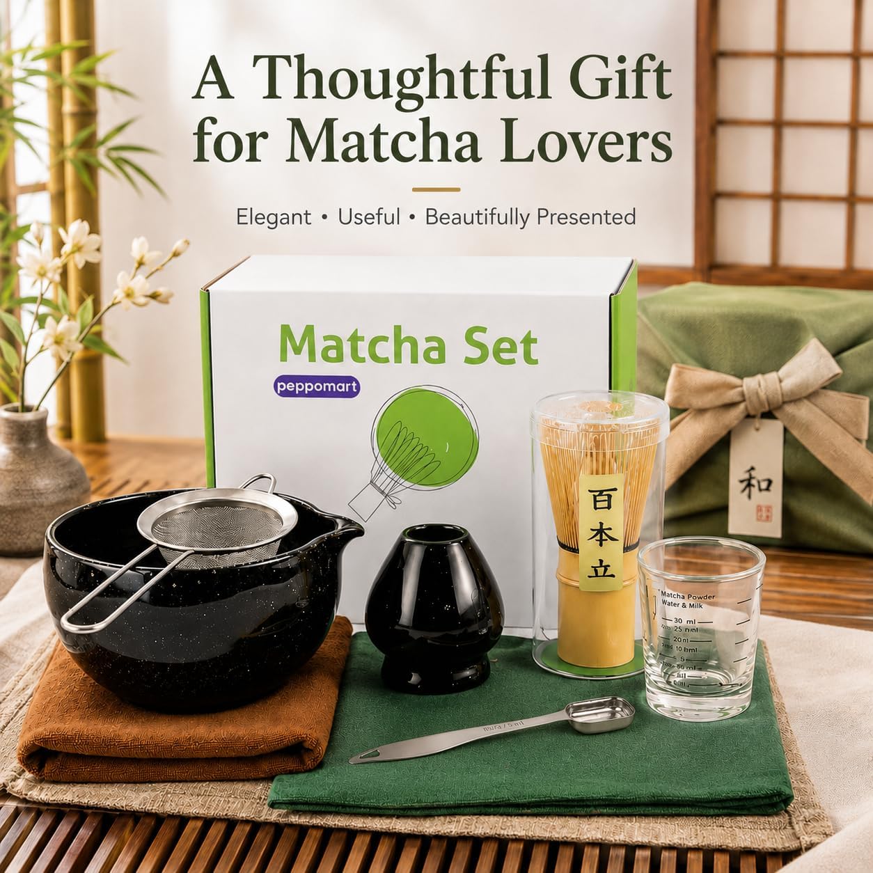 Matcha Tea Set – Traditional Japanese Matcha Kit with Bamboo Whisk (Chasen), Bowl (Chawan), Scoop (Chashaku) & Holder – Premium Matcha Starter Set for Beginners & Tea Lovers