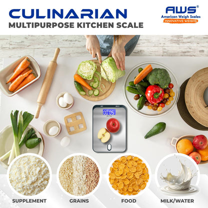 AWS Culinarian Digital Kitchen Cooking Baking Food Scale 22lb x 0.1oz | Stainless Steel with Tare, Touch Buttons, Water-Resistant Surface | Milk/Water mL Mode, Thin Design & Backlit Display
