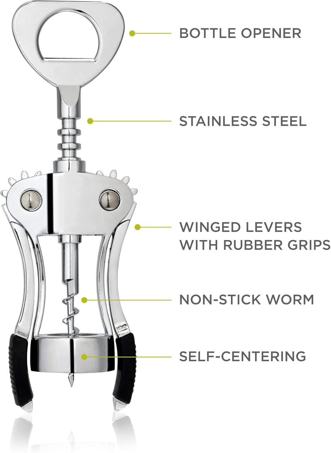 True Spiral Winged Corkscrew Wine Opener, Multi-Purpose Bottle Opener for Beers and Soft Drinks, Stainless Steel with Rubber Grip Wing Handle, for Bartenders, Home Bar, Kitchen, Restaurant, Silver