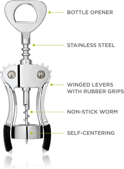 True Spiral Winged Corkscrew Wine Opener, Multi-Purpose Bottle Opener for Beers and Soft Drinks, Stainless Steel with Rubber Grip Wing Handle, for Bartenders, Home Bar, Kitchen, Restaurant, Silver