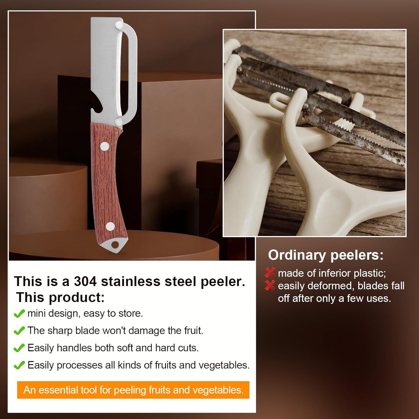 Multi-Functional Vegetable Peeler with Wooden Handle, Stainless Steel Thick & Thin Skin Fruit Peeler with Bottle Opener, Not for Left-Handed Users, Practical Kitchen Tool for Apple Potato