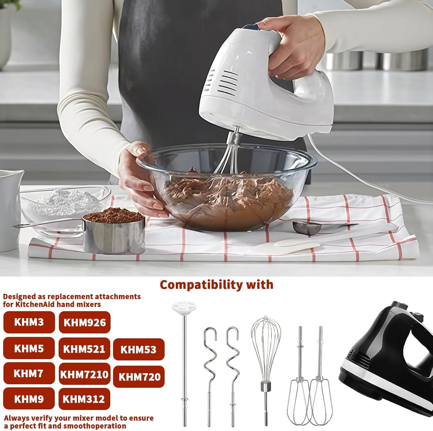Hand Mixer Beaters Attachments for KitchenAid KHM512 KHM6118 KHM7210 KHM926, Including Turbo Beater, Pro Whisk, Dough Hooks, Blending Rod, Set of 6