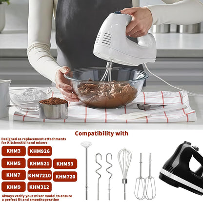 Hand Mixer Beaters Attachments for KitchenAid KHM512 KHM6118 KHM7210 KHM926, Including Turbo Beater, Pro Whisk, Dough Hooks, Blending Rod, Set of 6