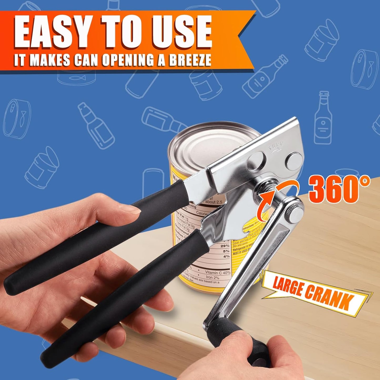 Commercial Can Opener, ICEKATl Can Opener Manual Heavy Duty Easy for Big Cans with Magnet, Folding Hand Crank With Comfortable Long Handles