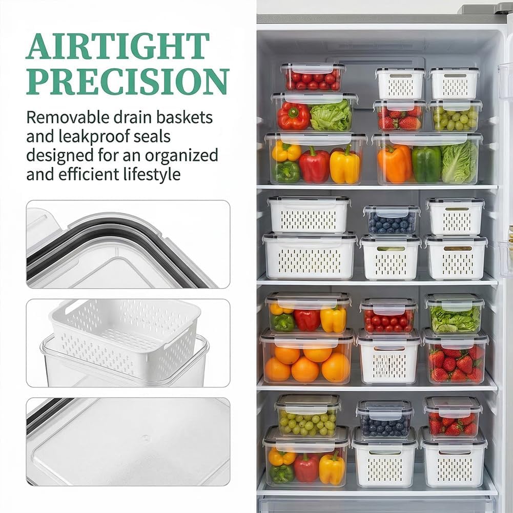 4 In 1 Food Storage Container, Fruit Storage Containers for Fridge, Produce Saver Containers, Refrigerator Fruit Washing Bowl With Strainer for Fridge Keep Fresh (Grey, 2-Piece M)