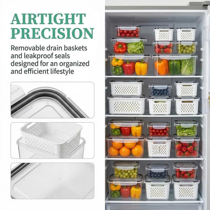 Fruit Storage Containers for Fridge, 4 In 1 Food Storage Container, Produce Saver Containers, Refrigerator Fruit Washing Bowl With Strainer for Fridge Keep Fresh (Blue, 2-Piece M)