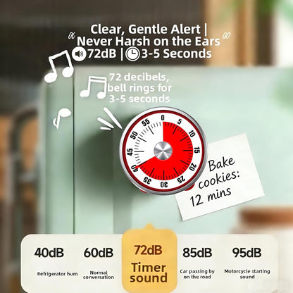 Kitchen Magnetic Visual Cooking Mechanical Timer with Loud Alarm, No Batteries Required, Stainless Steel, Countdown 60 Minute Wind Up Timer for Study, Chef, Teacher, Office (White)