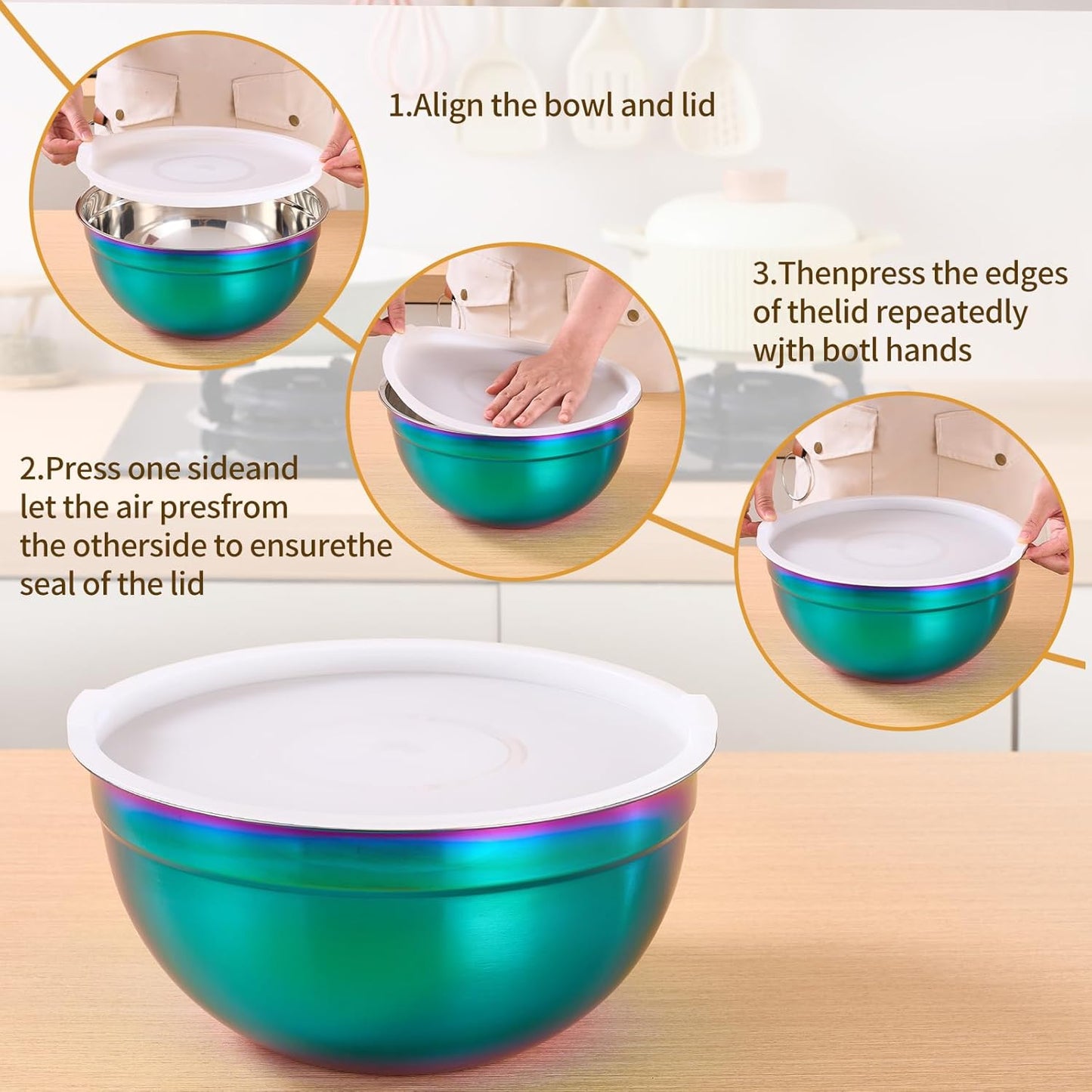 Gold Mixing Bowls With Airtight Lids,Stainless Steel Bowl,Salad Bowls 7 Piece Colorful Nesting Bowl Gold Kitchen Accessories,Size 7,3.6,2.7,2.1,1.5,1.1,0.8QT Stackable Design