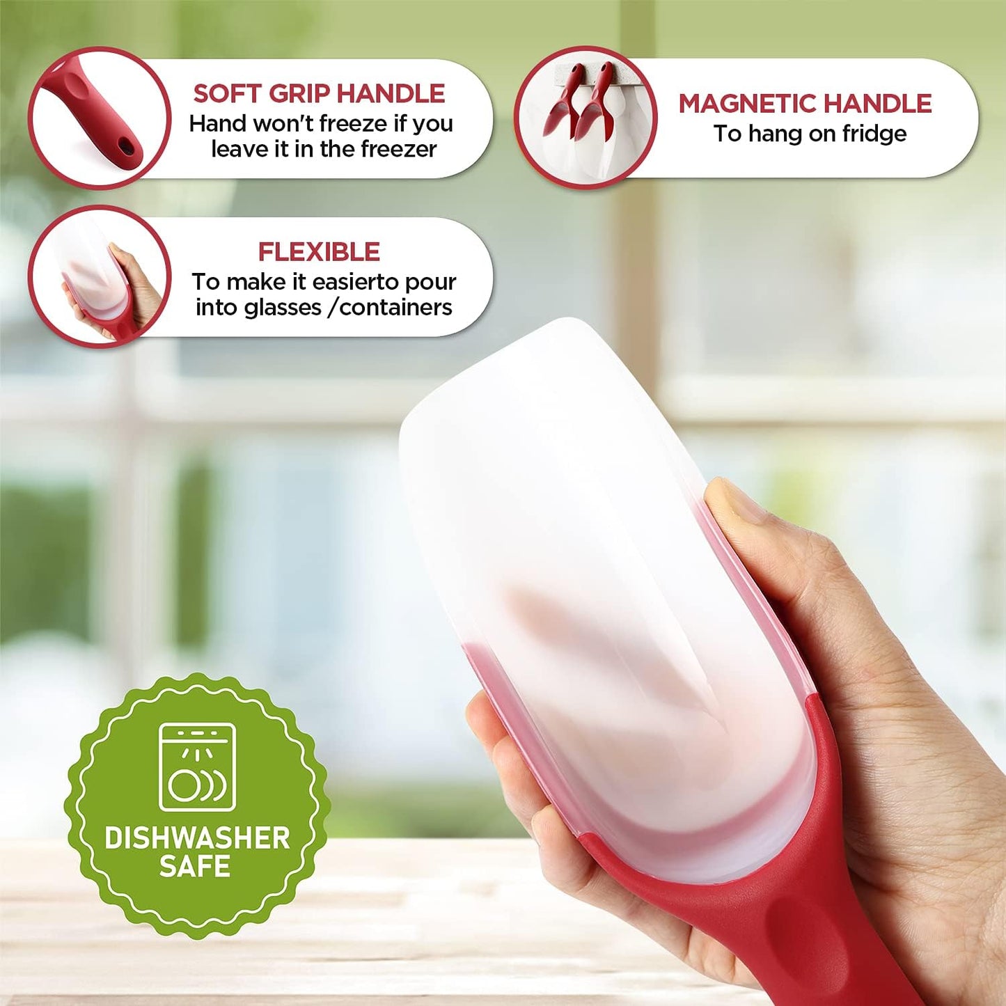 Spring Chef Magnetic Ice Scoop for Freezer - BPA-Free Flexi-Plastic Popcorn Scoop with Soft Grip Handle - Dishwasher Safe Ice Scooper - Kitchen Food Scooper for Flour, Grains, Candy, Pet Food - Black