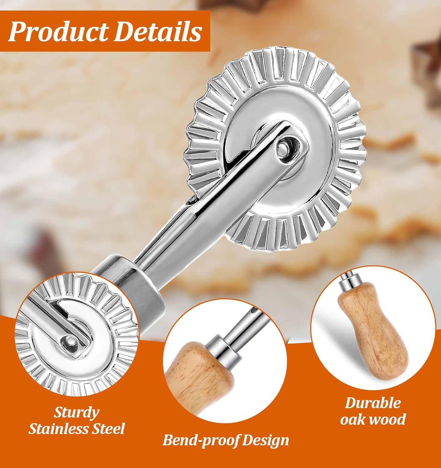 2Pcs Fluted Pastry Wheel, 4.9 Inch Stainless Steel Pastry Wheel with Ergonomic Oak Handle for Pasta, Dumplings & Noodles, 360 Degree Rotary Cutting Tool for Kitchen