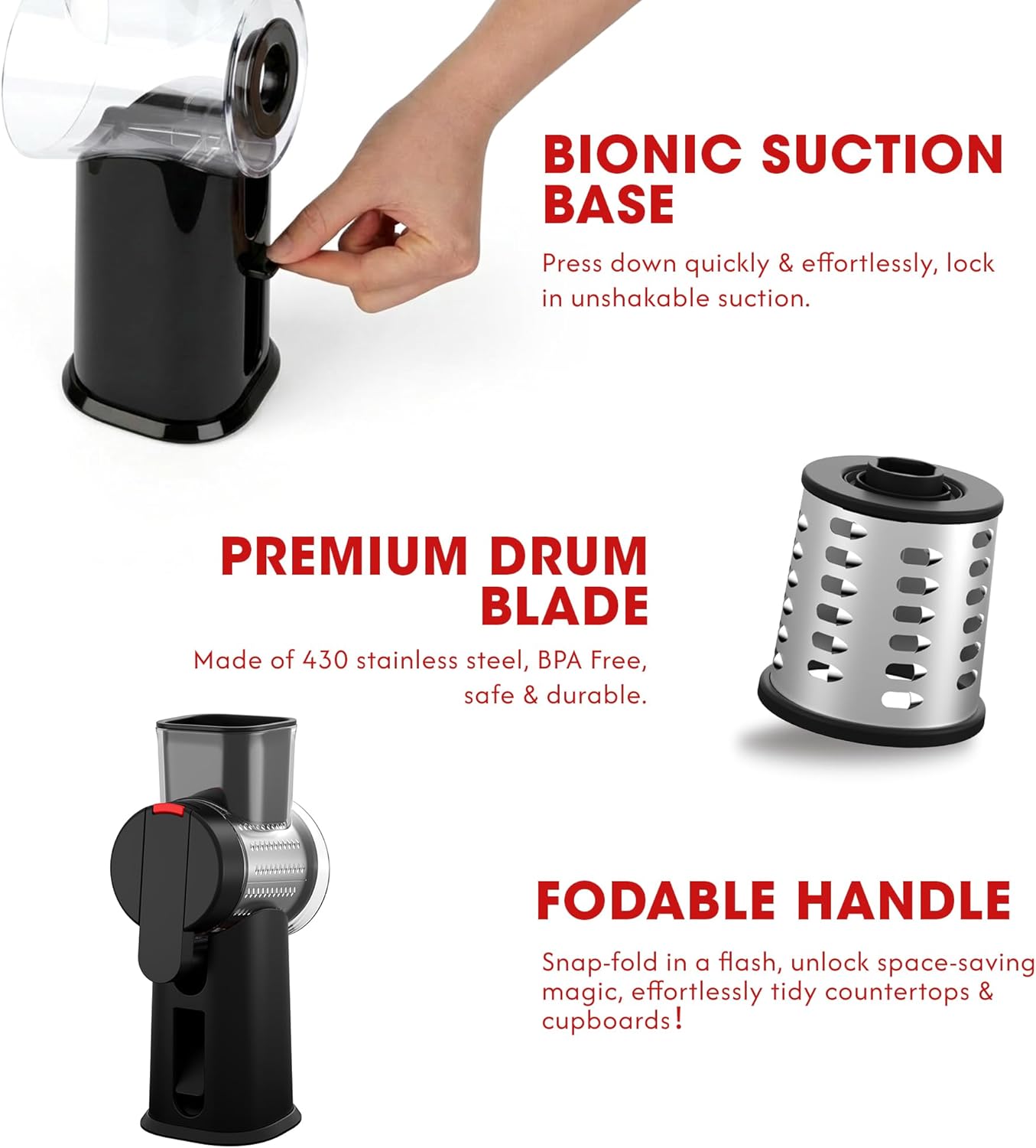 Rotary Cheese Grater Hand Crank with Foldable Handle, 3 Stainless Steel Blades, Perfect Graters for Kitchen, Manual Cheese Shredder Hand Crank with Suction Base, Rotary Grader, (Black)