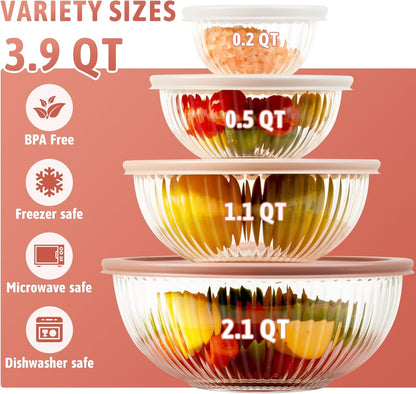 Freshmage Glass Mixing Bowls with Lids Sets, 4 Packs Glass Bowls with Lids for Kitchen Baking, Meal Prepping and Salad, Bpa Free and Dishwasher Safe Serving Bowls, 0.2/0.5/1.1/2.1