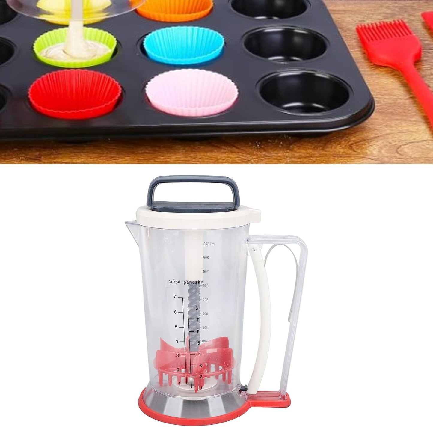 Pancake Batter Dispenser, 900ml Multifunction Manual Batter Separator with Squeeze Handle Mixing Function and Measuring Scale Baking Tool for Pancakes, Waffles, Muffins, Crepes & Cupcakes