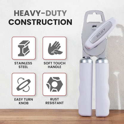 Zulay Kitchen Heavy Duty Stainless Steel Can Opener Manual with Bottle Opener - Rust Proof Manual Can Opener With Turn Knob & Comfy Soft Grip Handles - Black - Colors B