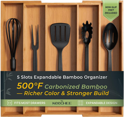 keechee Carbonized Bamboo Kitchen Drawer Organizer, 10 Slots Expandable Silverware Organizer, Utensil Holder & Cutlery Tray, 2.2" Deep for Extra Capacity, Non-Slip Feet Included