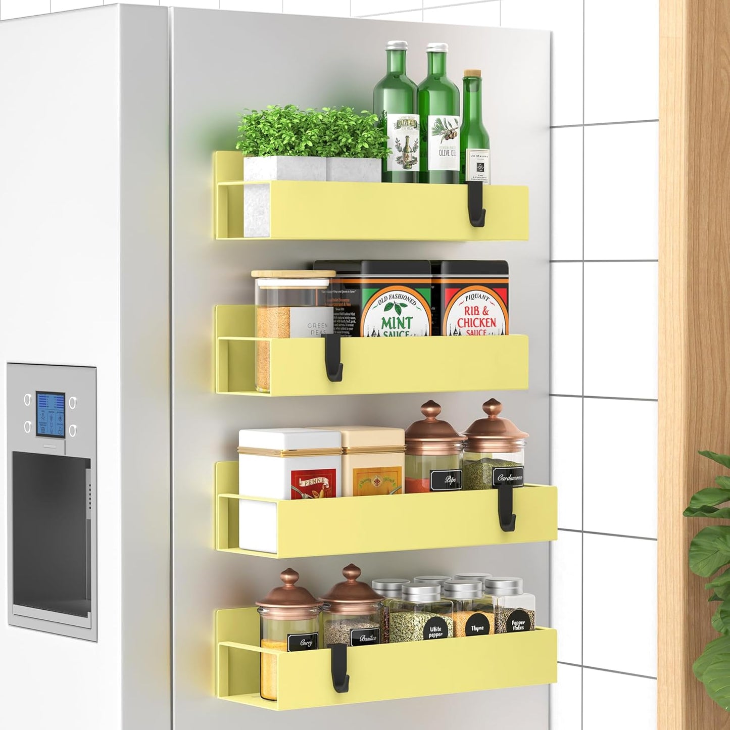 HuggieGems Metal 4 Pack Magnetic Spice Storage Rack Organizer for Refrigerator and Oven, Black Fridge Organizers and Storage, Metal