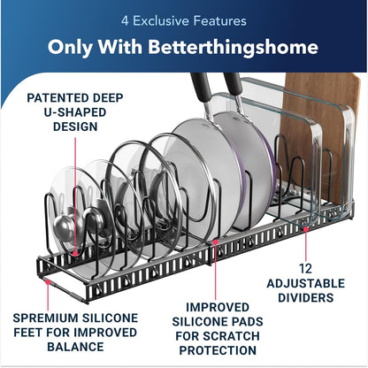 Better Things Home 7.5” Wide 12-Slot Adjustable Large Pan and Pot Lid Organizer with Scratch-Free Pads, Expandable Pot Lid Holder Rack for Cabinet, Pots and Pans Organizer Inside Cabinet
