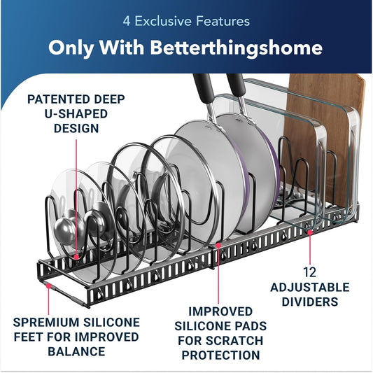Better Things Home 7.5” Wide 12-Slot Adjustable Large Pan and Pot Lid Organizer with Scratch-Free Pads, Expandable Pot Lid Holder Rack for Cabinet, Pots and Pans Organizer Inside Cabinet