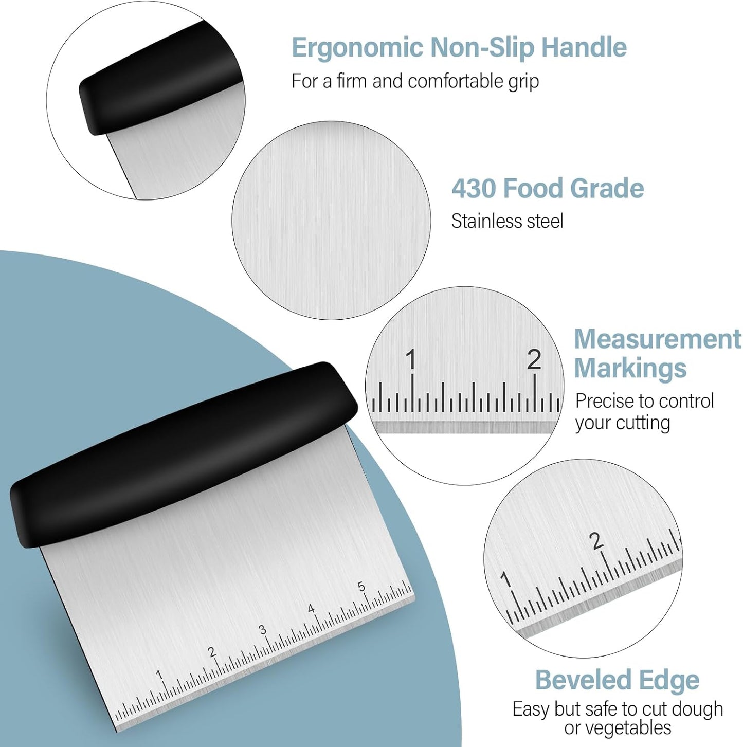Ecavria Bench Scraper, Premium Stainless Steel Dough Scraper with 2 PCS Flexible Bowl Scraper, Dough Cutter with Measuring Scale, Versatile Kitchen Scraper Set for Pastry Bread Pizza Cake