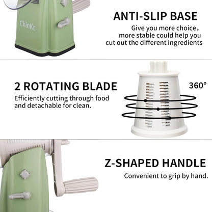 Upgrade Rotary Cheese Grater Shredder with Handle, Strong Suction Base, Multi-purpose Rotary Grater Slicer with 5 Interchangeable Blades for Ice, Vegetables, Fruit, Nuts with Blade Storage Box
