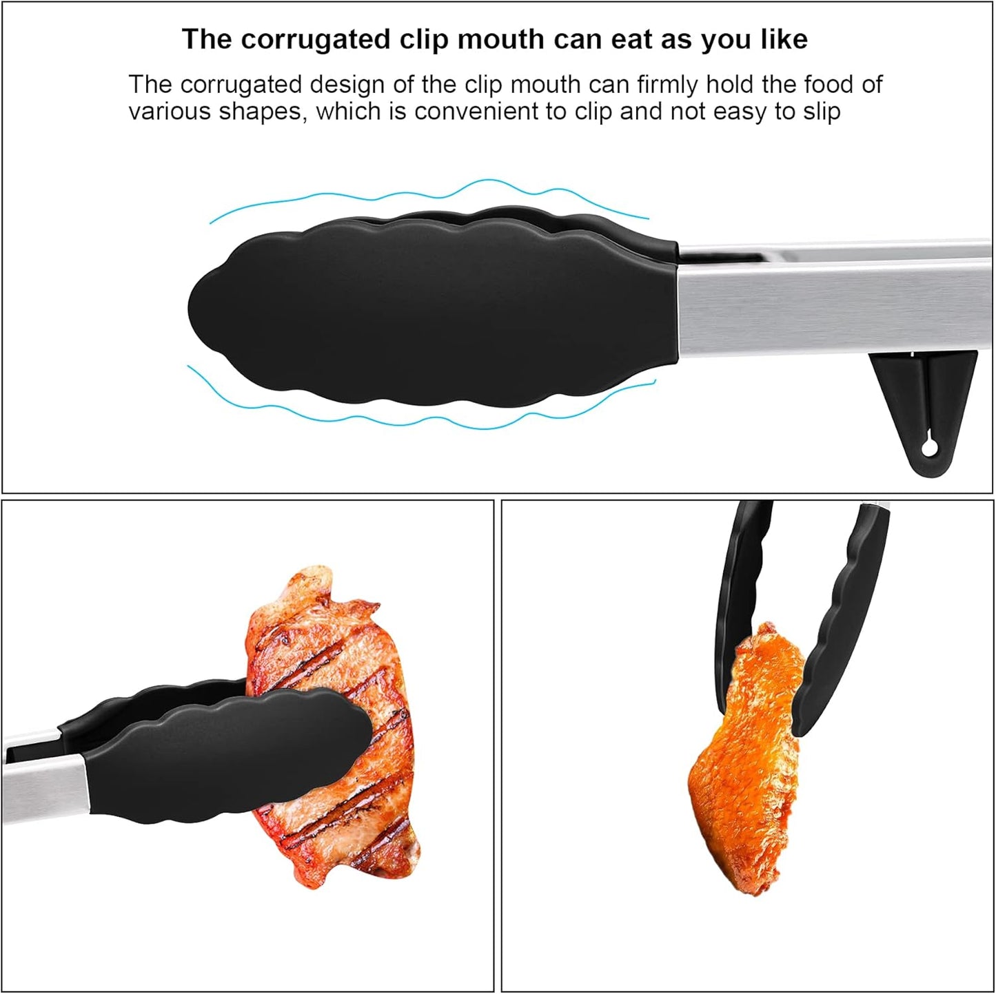 4in1 Stainless Steel Kitchen Food Tongs Set for Cooking with BPA Free Silicone Tips, Toaster Steak Pie Pizza Pasta Spaghetti Noodles Salad Fruit Vegetable Grill BBQ Buffet Clamp Serving Tools Gadgets