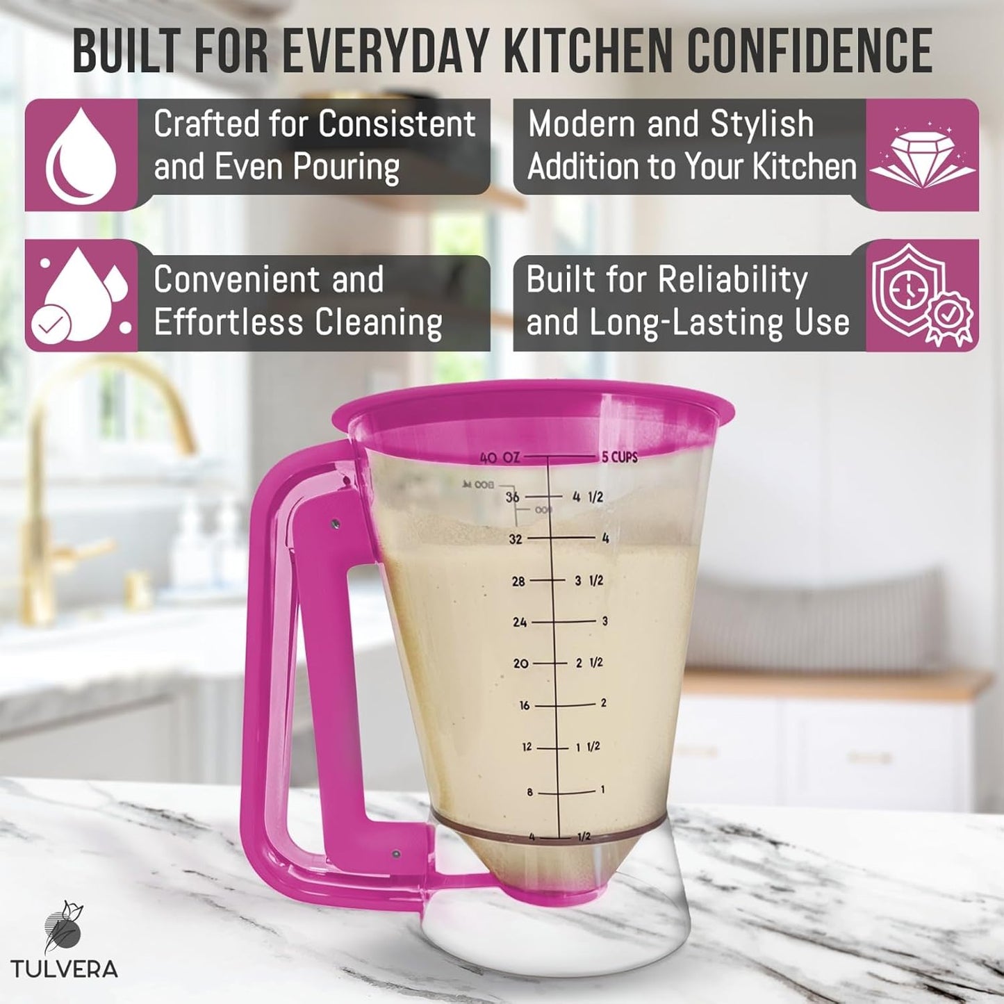 Pancake Batter Dispenser | 5-Cup Mix Pourer for Pancakes, Waffles, Crepes, Muffins, Cupcakes | Squeeze Handle, Portion Control Pitcher, Durable Drip-Free Design | Baking Accessories (Original Black)
