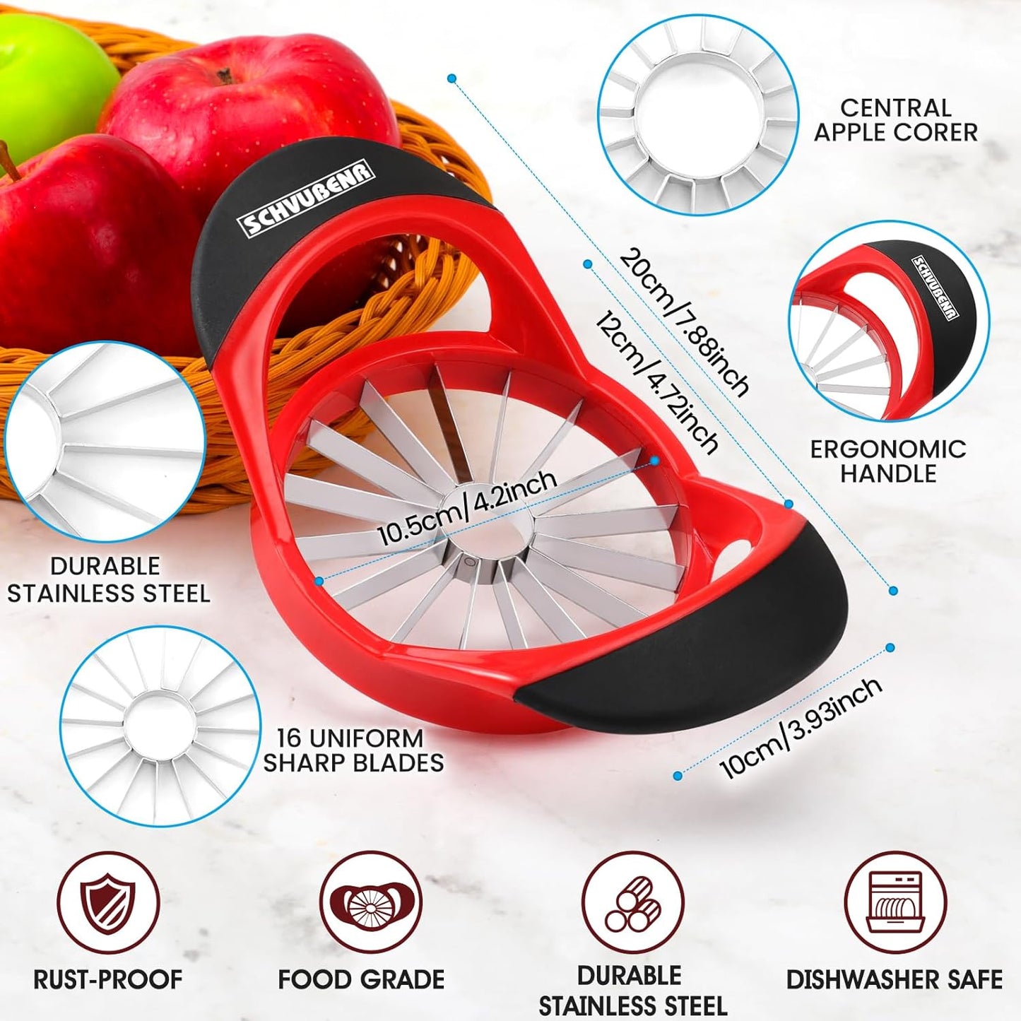 SCHVUBENR 16-Blade Apple Slicer and Corer - 4.72 Inch Sharp Stainless Steel Apple Cutter - Professional Apple Divider Tool for Quick Slices - Easy to Use & Clean - Slice Fruits with Ease - Red
