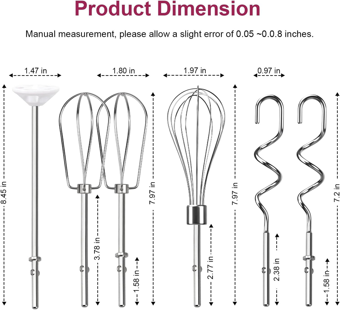 Hand Mixer Beaters Attachments, Whisk, Dough Hooks, and Liquid Blending Rod, Stainless Steel Hand Mixer Accessories Compatible with Kitchenaid Hand Mixers KHM3 KHM5 KHM7 KHM9, KHM926, KHM512, Set of 6