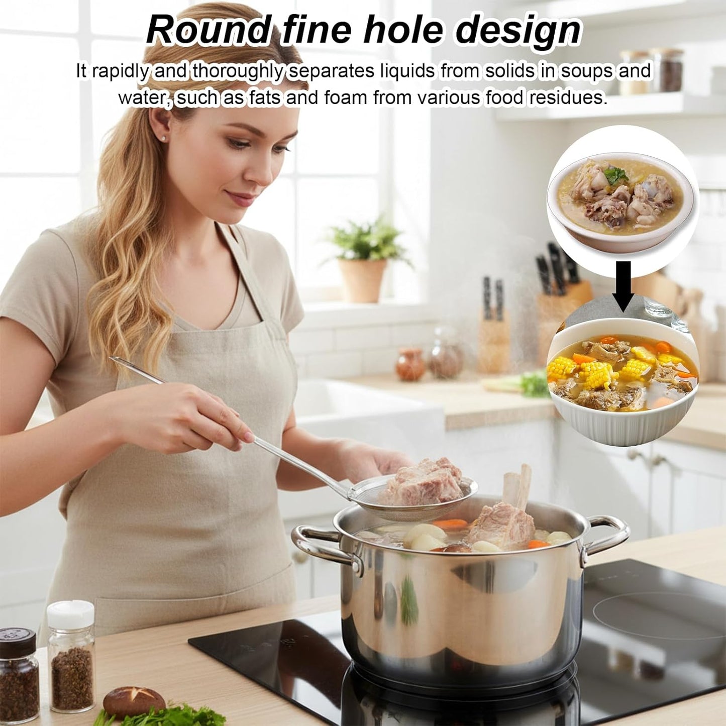 Stainless Steel Fine Mesh Skimmer Spoon, Fine Mesh Fat Skimmer Spoon, Colander Strainer, Oil Filter Food Strainer for Cooking Oil, Grease Foam, Food Vegetable Hot Pot (2 Pack, Large+small)