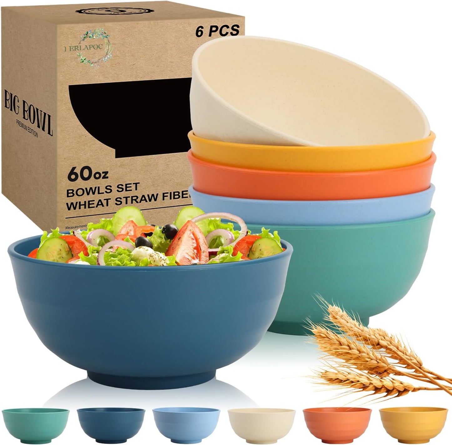 Wheat Straw Bowls Set with Lids, Unbreakable 40 OZ Cereal Bowls Set of 4, Salad Container for Lunch, Microwave & Dishwasher Safe Bowl Set for Kitchen, Picnic, RV, Camping, Multi