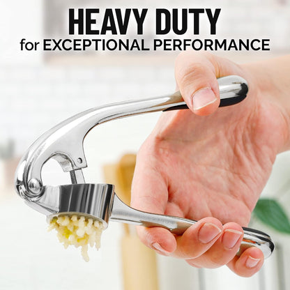 Zulay Kitchen Premium Garlic Press Set - Rust Proof Professional Garlic Mincer Tool - Easy-Squeeze, Easy-Clean with Soft, Ergonomic Handle - Silicone Garlic Peeler & Brush (Silver)