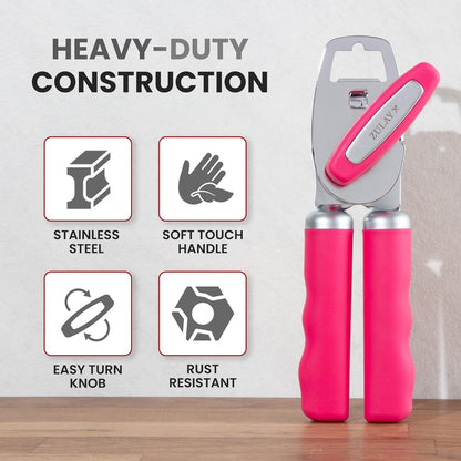 Zulay Kitchen Heavy Duty Stainless Steel Can Opener Manual with Bottle Opener - Rust Proof Manual Can Opener With Turn Knob & Comfy Soft Grip Handles - Cherry Red - Colors B