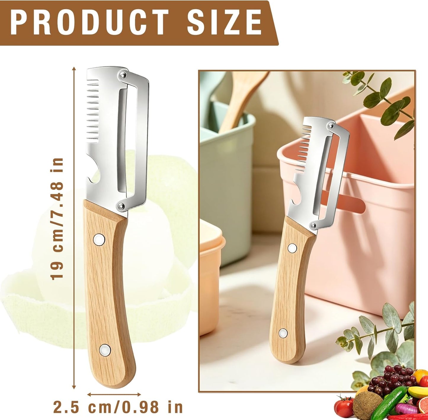 2 Pack Multifunctional Vegetable Peeler, 3 in 1 Kitchen Peeler with Bottle Opener and Wooden Handle, Kitchen Gadgets Tool for Fruit Pumpkin Peeling Potato Carrot Veggie Peeler