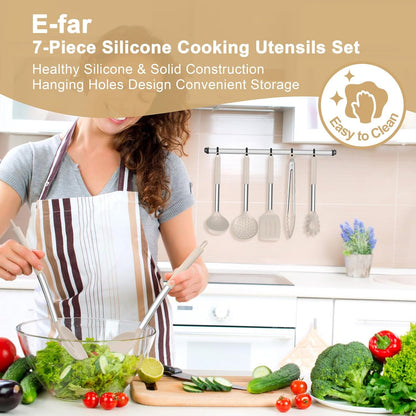 E-far Silicone Cooking Utensils Set, 7 Pcs Heat Resistant Kitchen Utensils with Stainless Steel Handle, Slotted Turner, Spoon, Soup Ladle, Pasta Server, Skimmer, Tongs for Nonstick Cookware, Black