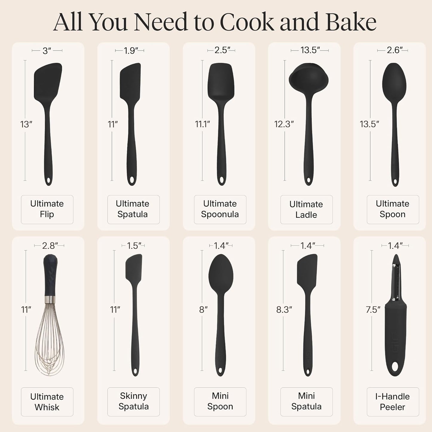 GIR: Get It Right 5-Piece Silicone Ultimate Kitchen Utensils Set - Ladle, Spatula, Flip, Spoon & Spoonula - Non-Toxic Cooking Utensils for Nonstick Cookware, Cooking and Baking - Black