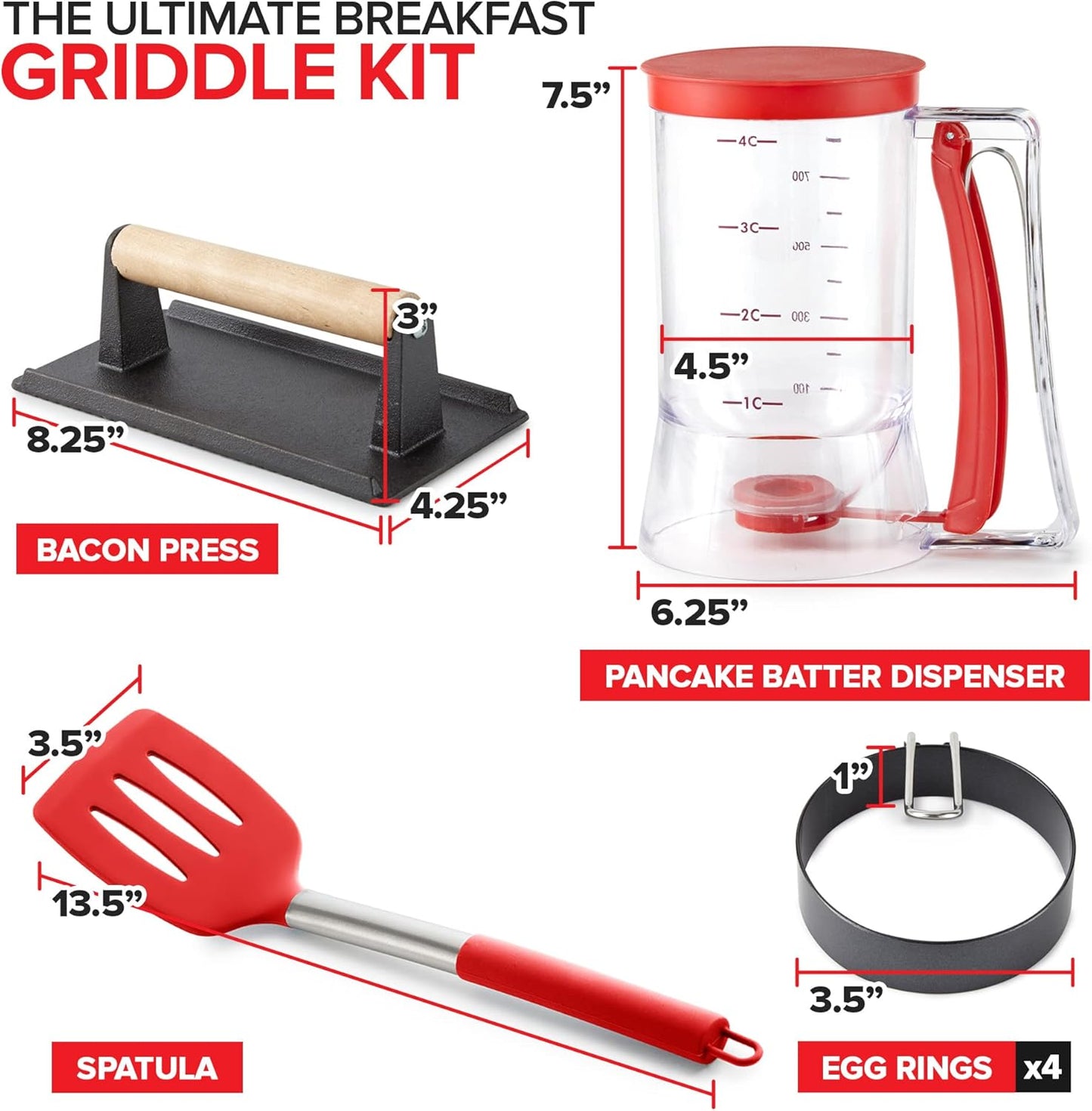 Modern Innovations Griddle Breakfast Kit Accessories - Pancake Batter Dispenser for Griddle, Cast Iron Grill Press for Bacon, 4 Egg Rings/Pancake Molds and Spatula, Compatible With Blackstone Griddles
