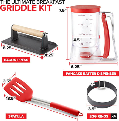 Modern Innovations Griddle Breakfast Kit Accessories - Pancake Batter Dispenser for Griddle, Cast Iron Grill Press for Bacon, 4 Egg Rings/Pancake Molds and Spatula, Compatible With Blackstone Griddles