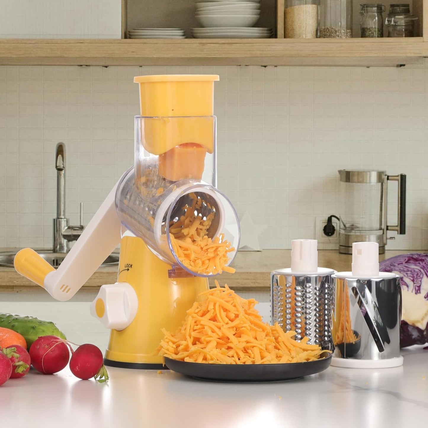 Cambom 5 in 1 Rotary Cheese Grater Hand Crank Cheese Shredder for Fresh Cheese, Vegetable, Nuts,Non-slip Suction Base, Black