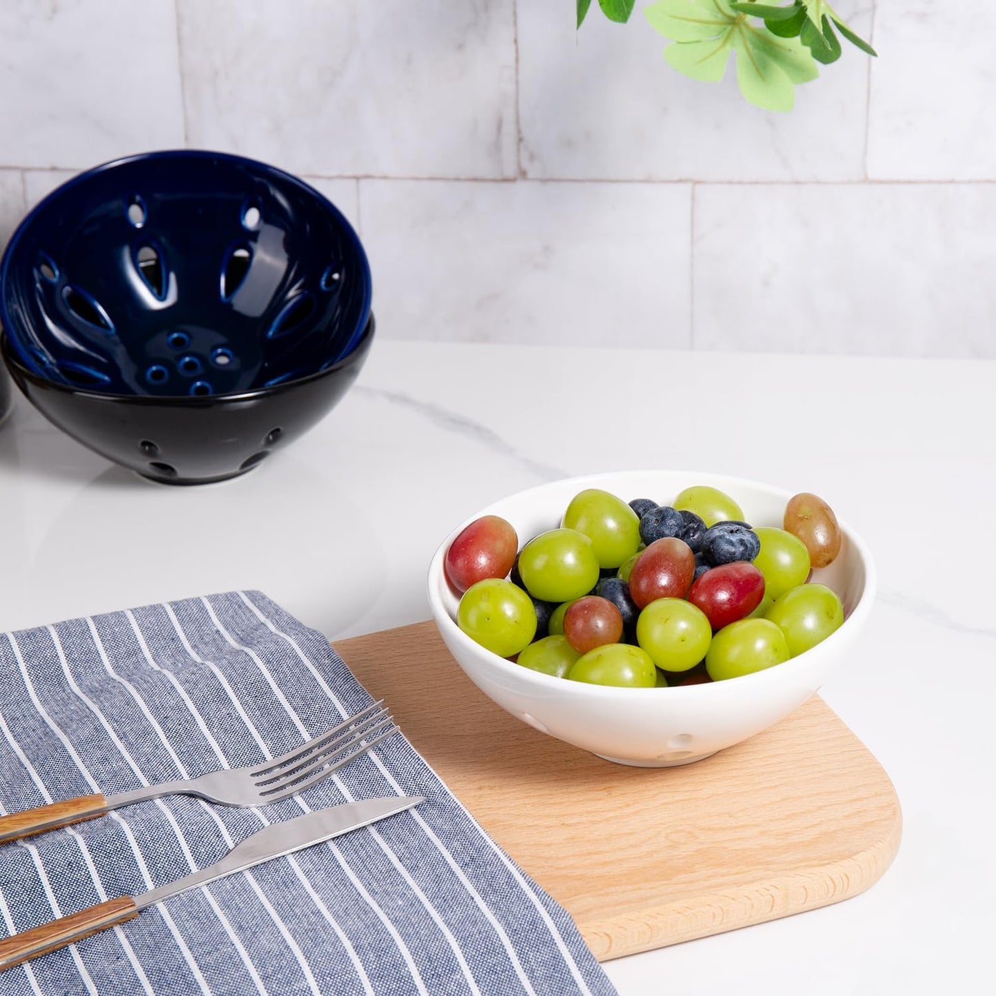 Ceramic Berry Basket, Round Fruit Bowl with Draining Hole, 5.8" Berry Colander for Kitchen Counter, Fruit Baskets Set of 2, White