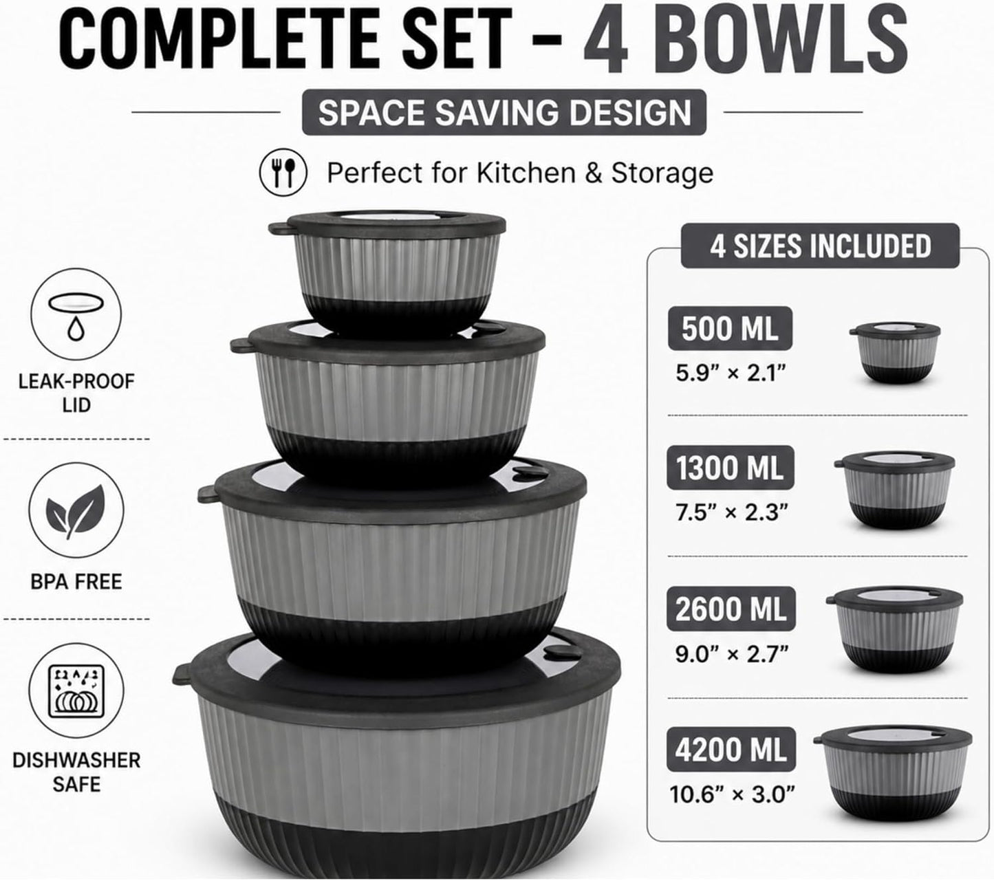 Dora Mixing Bowls with Lids Set, Nesting Kitchen Prep Bowls, BPA Free, Microwave & Dishwasher Safe, Food Prep and Storage Bowl Set – Black